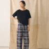 Karierte Leinen-Baumwoll-Hose mit ausgestellten Beinen | Blau/Soya