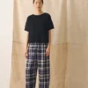 Karierte Leinen-Baumwoll-Hose mit ausgestellten Beinen | Blau/Soya
