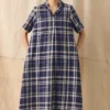 Kariertes Swing-Kleid aus Leinen und Baumwolle