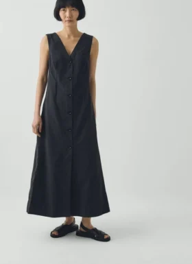 V-Ausschnitt-Kleid aus Baumwoll-Leinen-Popeline
